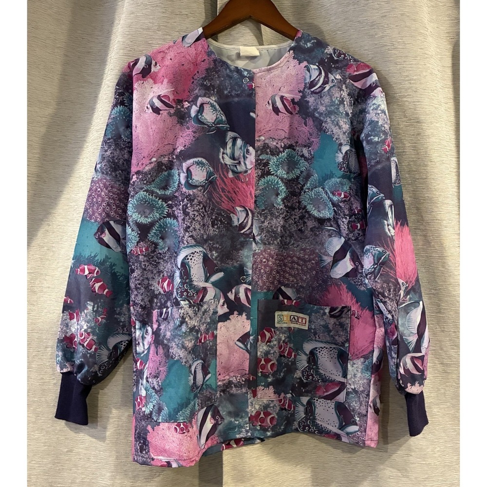 Vintage Stat Fish Themed Long Sleeve Scrub Top ‎ Size Small